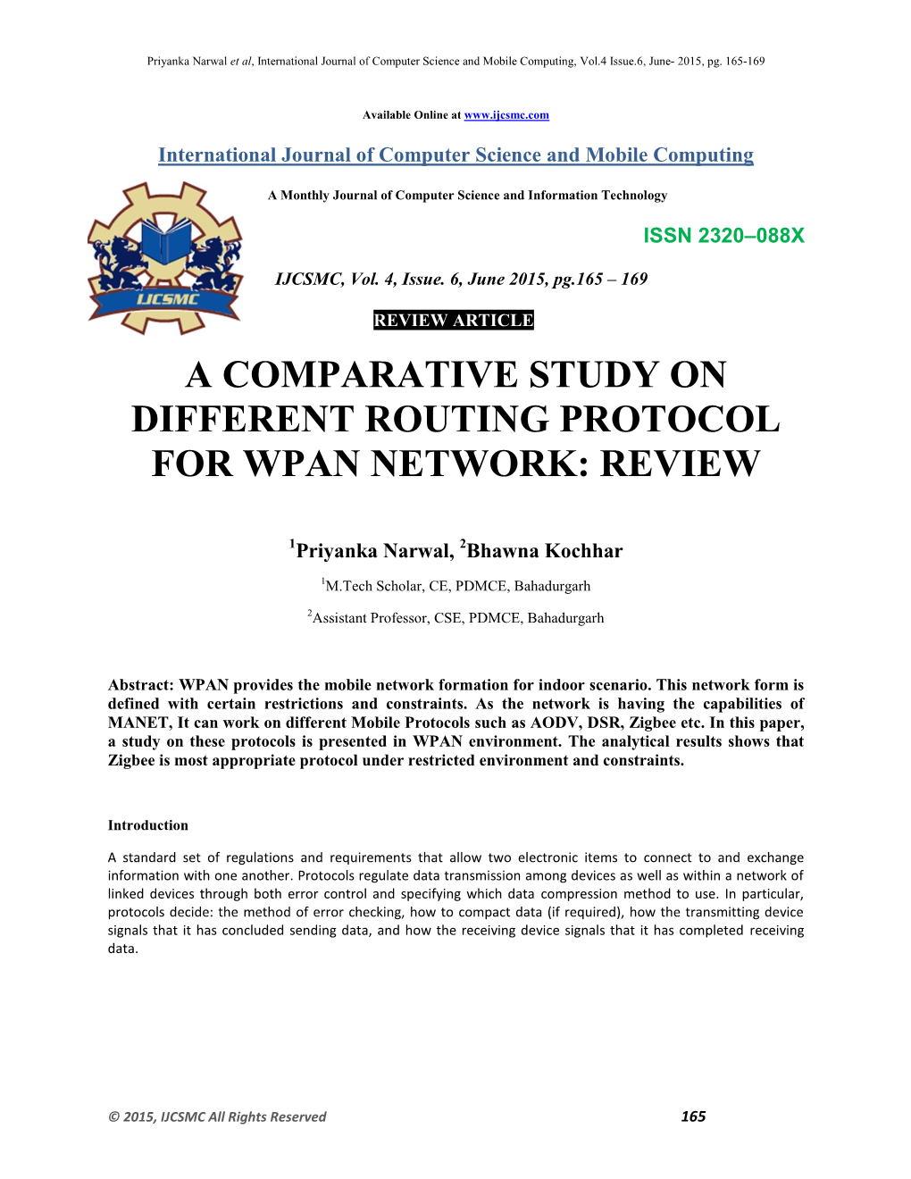 A Comparative Study on Different Routing Protocol for Wpan Network: Review