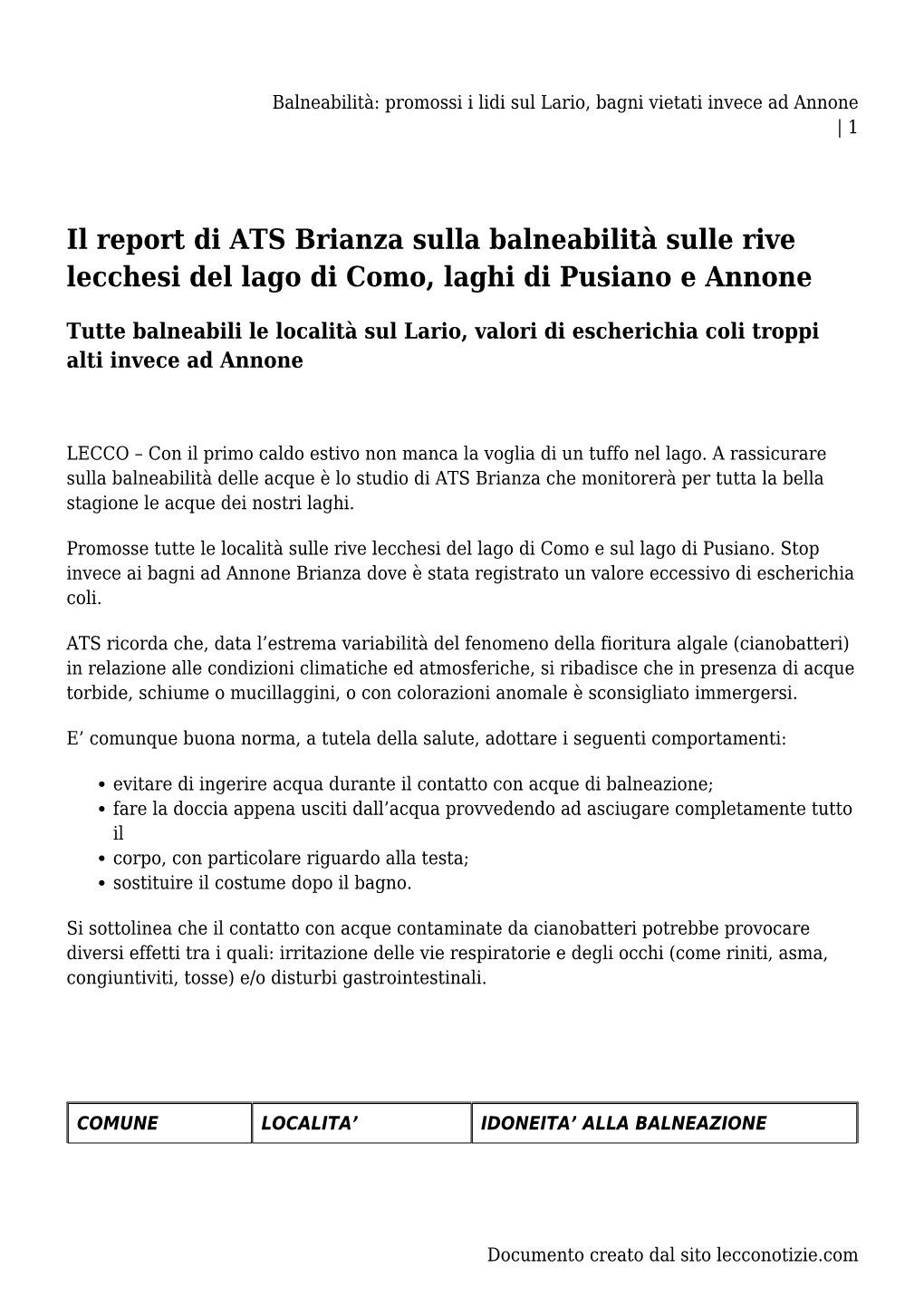 Balneabilità: Promossi I Lidi Sul Lario, Bagni Vietati Invece Ad Annone | 1