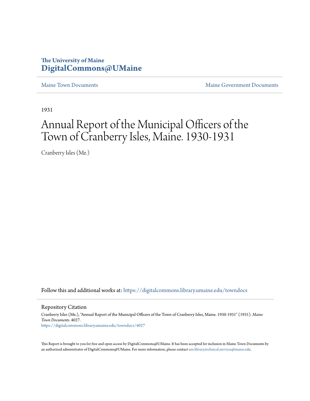 Annual Report of the Municipal Officers of the Town of Cranberry Isles, Maine. 1930-1931 Cranberry Isles (Me.)