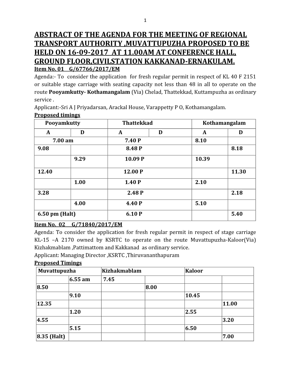 Abstract of the Agenda for the Meeting of Regional