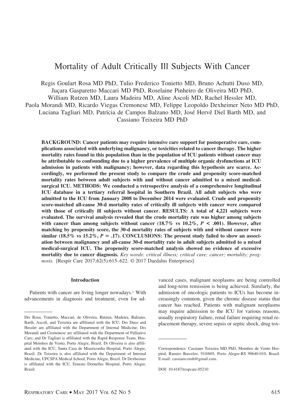 Mortality of Adult Critically Ill Subjects with Cancer