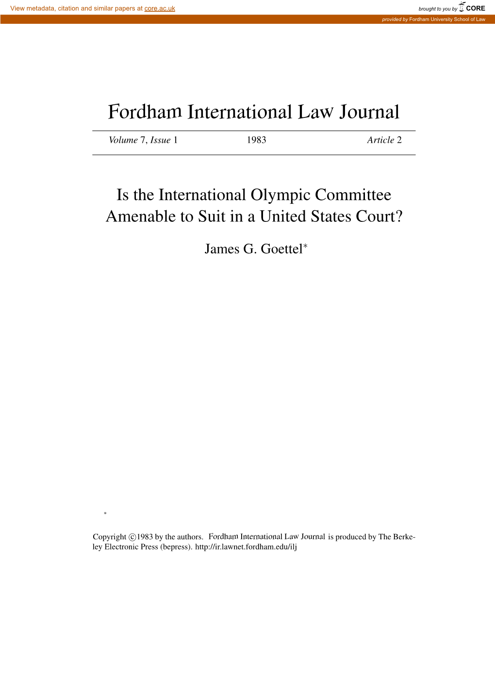 Is the International Olympic Committee Amenable to Suit in a United States Court?