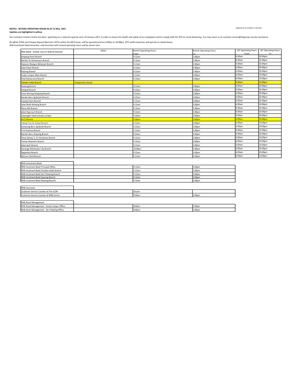 NOTICE : REVISED OPERATING HOURS AS at 12 May 2021 Updated As at 10.00Am 12 05 2021 Updates Are Highlighted in Yellow