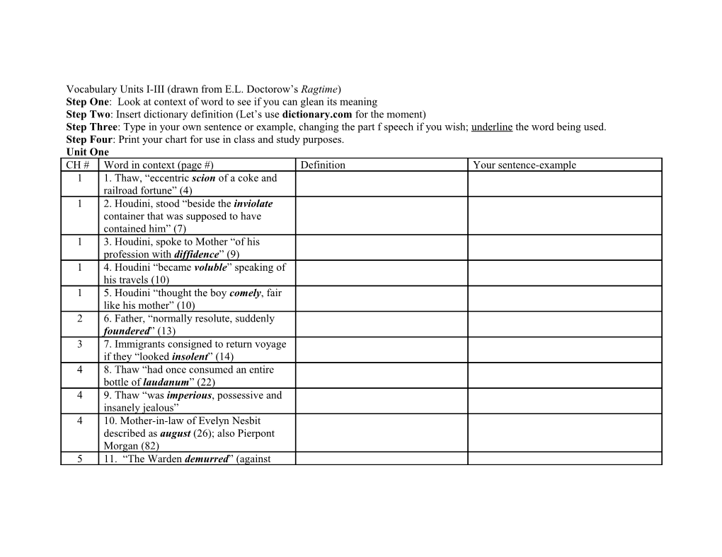 Vocabulary Units I-III (Drawn from E.L. Doctorow S Ragtime)