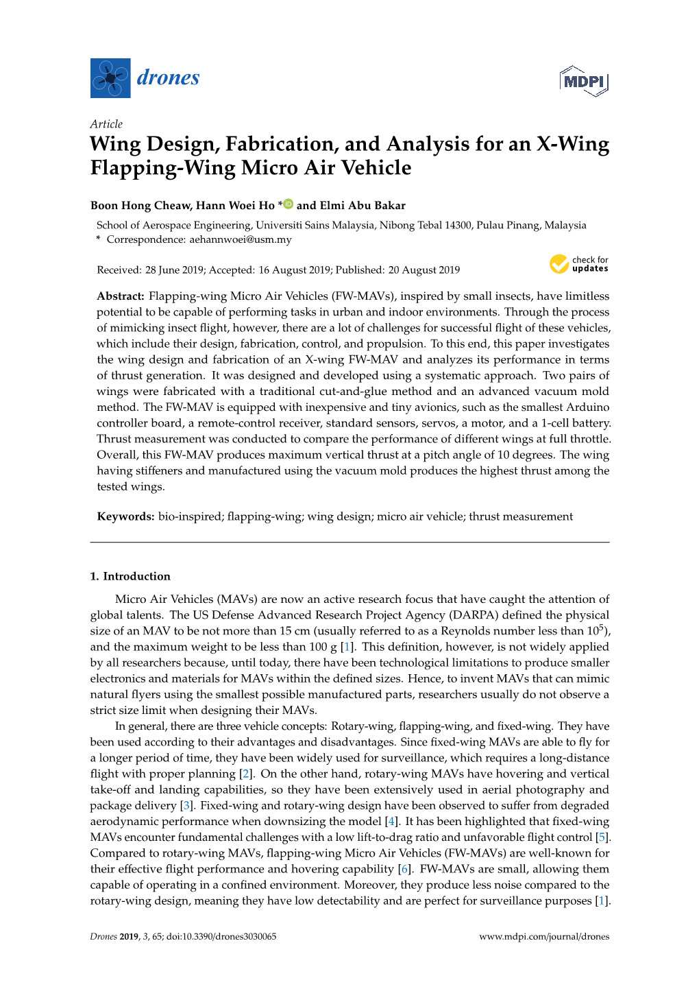 Wing Design, Fabrication, and Analysis for an X-Wing Flapping-Wing Micro Air Vehicle