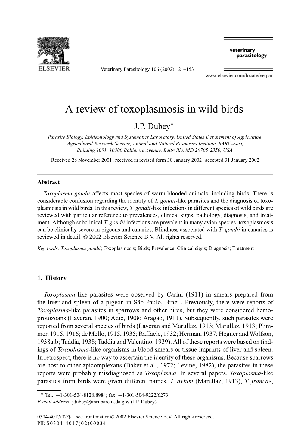 A Review of Toxoplasmosis in Wild Birds J.P