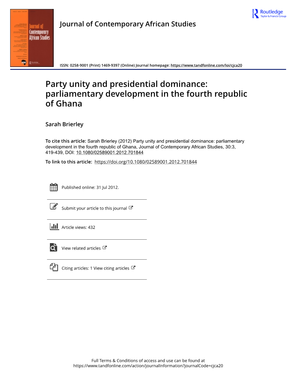 Party Unity and Presidential Dominance: Parliamentary Development in the Fourth Republic of Ghana