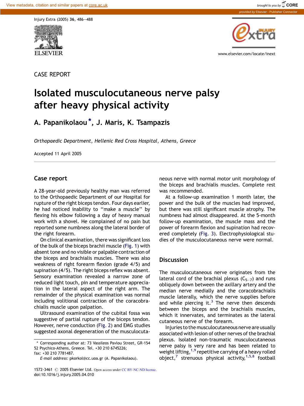 Isolated Musculocutaneous Nerve Palsy After Heavy Physical Activity