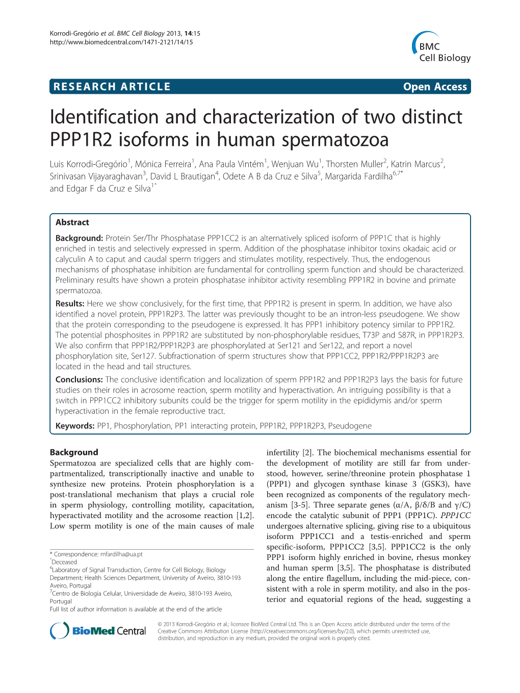 Identification and Characterization of Two Distinct PPP1R2 Isoforms in Human Spermatozoa