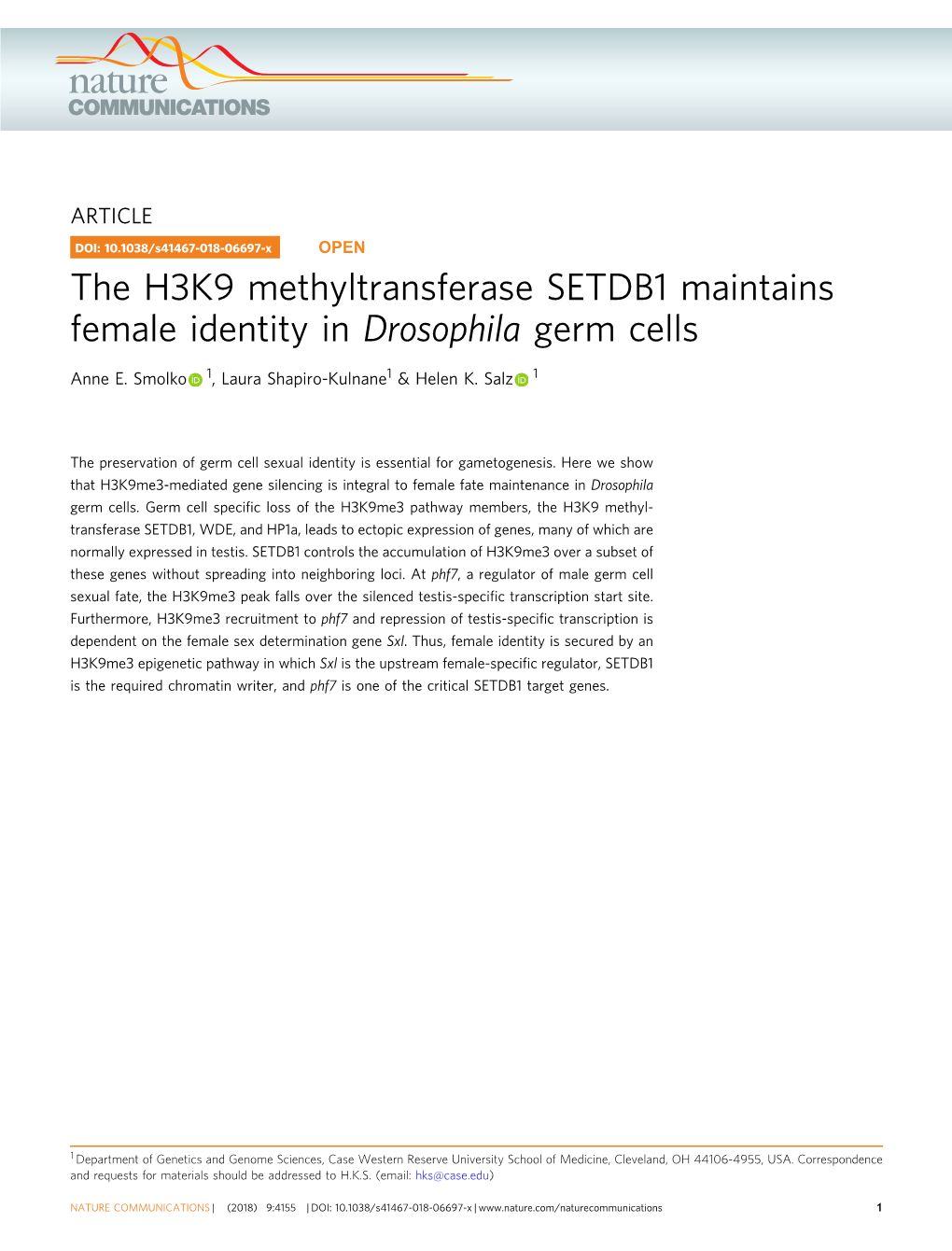 The H3K9 Methyltransferase SETDB1 Maintains Female Identity in Drosophila Germ Cells