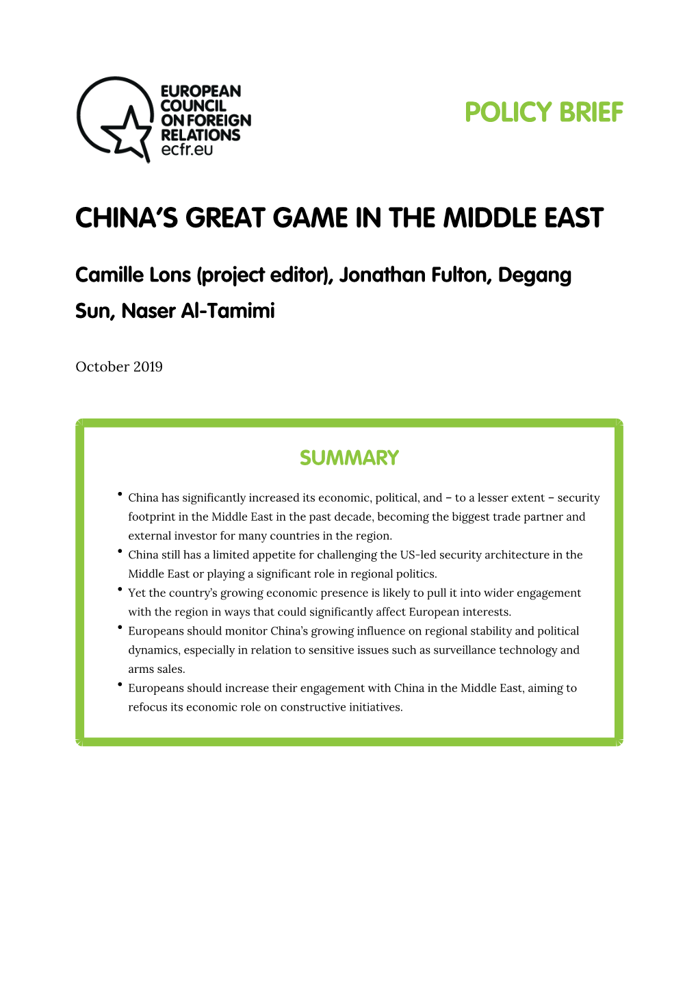 China's Great Game in the Middle East