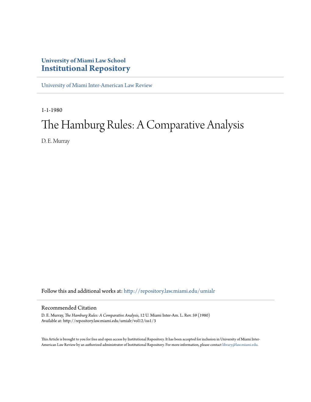The Hamburg Rules: a Comparative Analysis, 12 U
