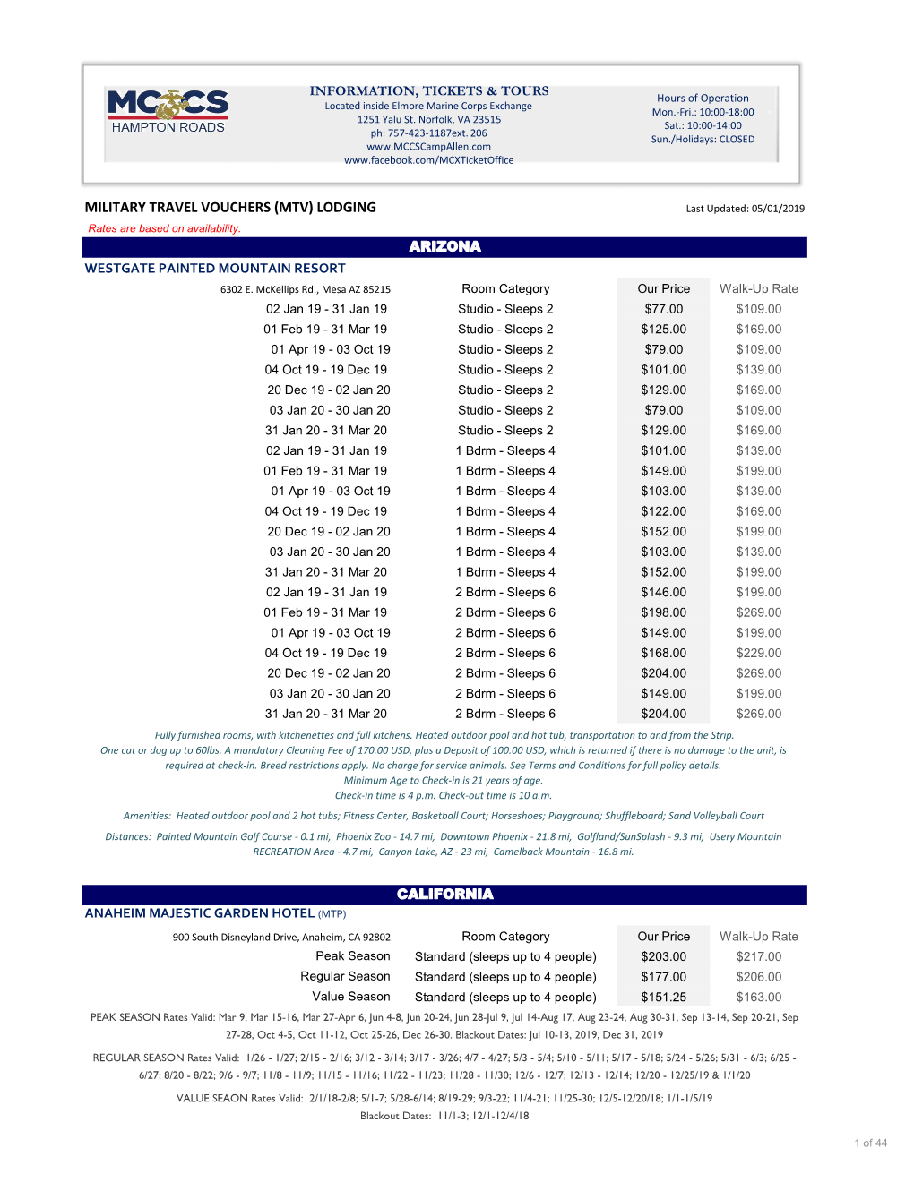 MILITARY TRAVEL VOUCHERS (MTV) LODGING Last Updated: 05/01/2019 Rates Are Based on Availability