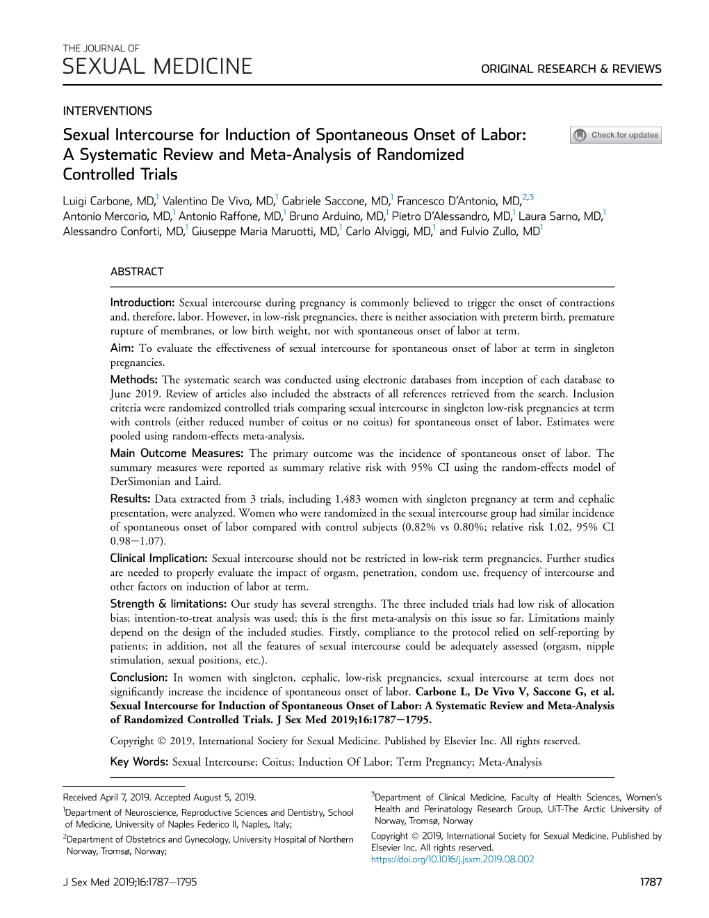 Sexual Intercourse for Induction of Spontaneous Onset of Labor: a Systematic Review and Meta-Analysis of Randomized Controlled Trials