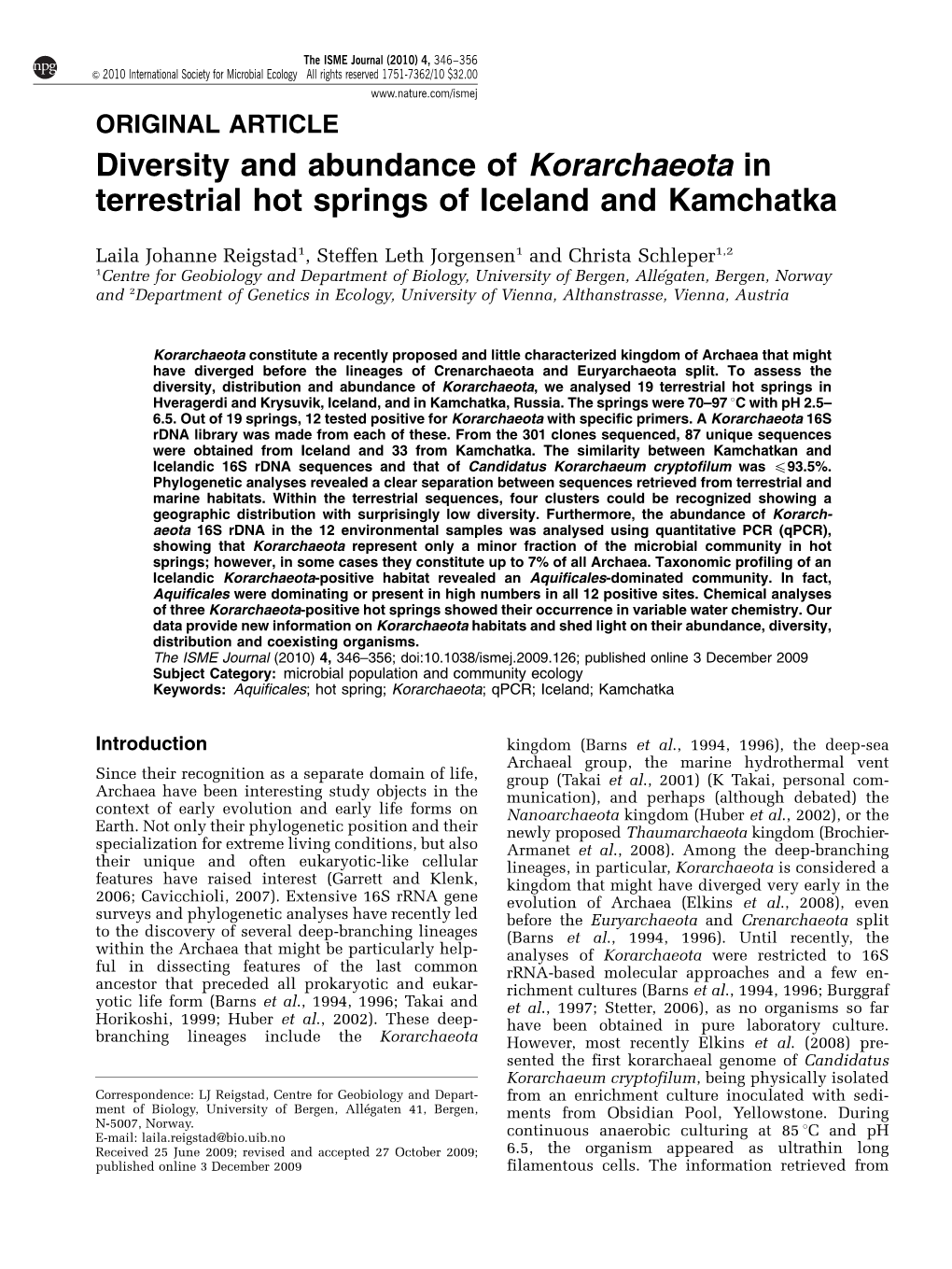 Diversity and Abundance of Korarchaeota in Terrestrial Hot Springs of Iceland and Kamchatka