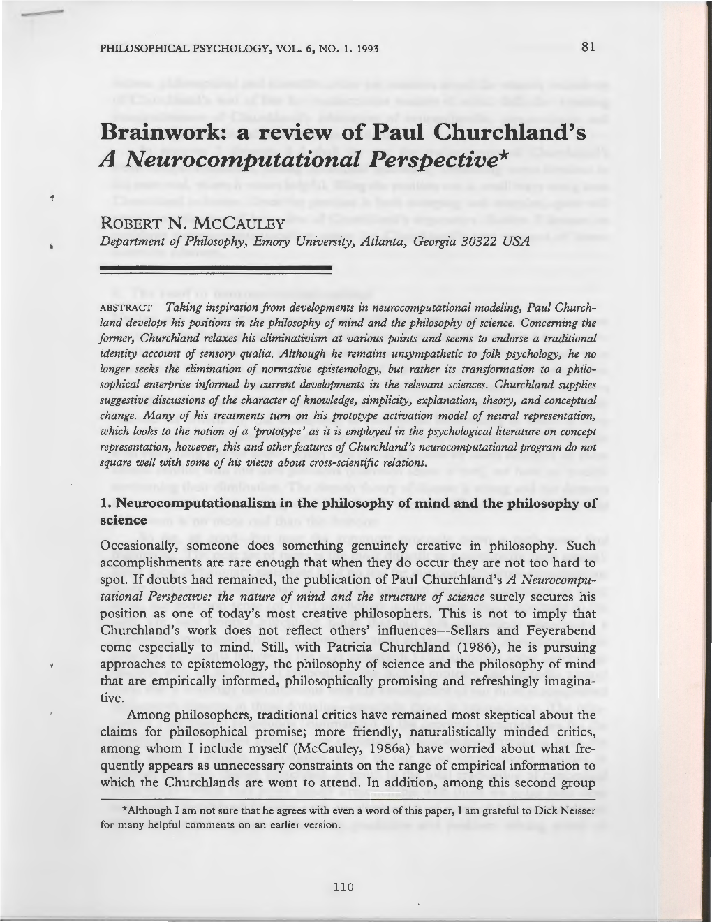 A Review of Paul Churchland's a Neurocomputational Perspective*