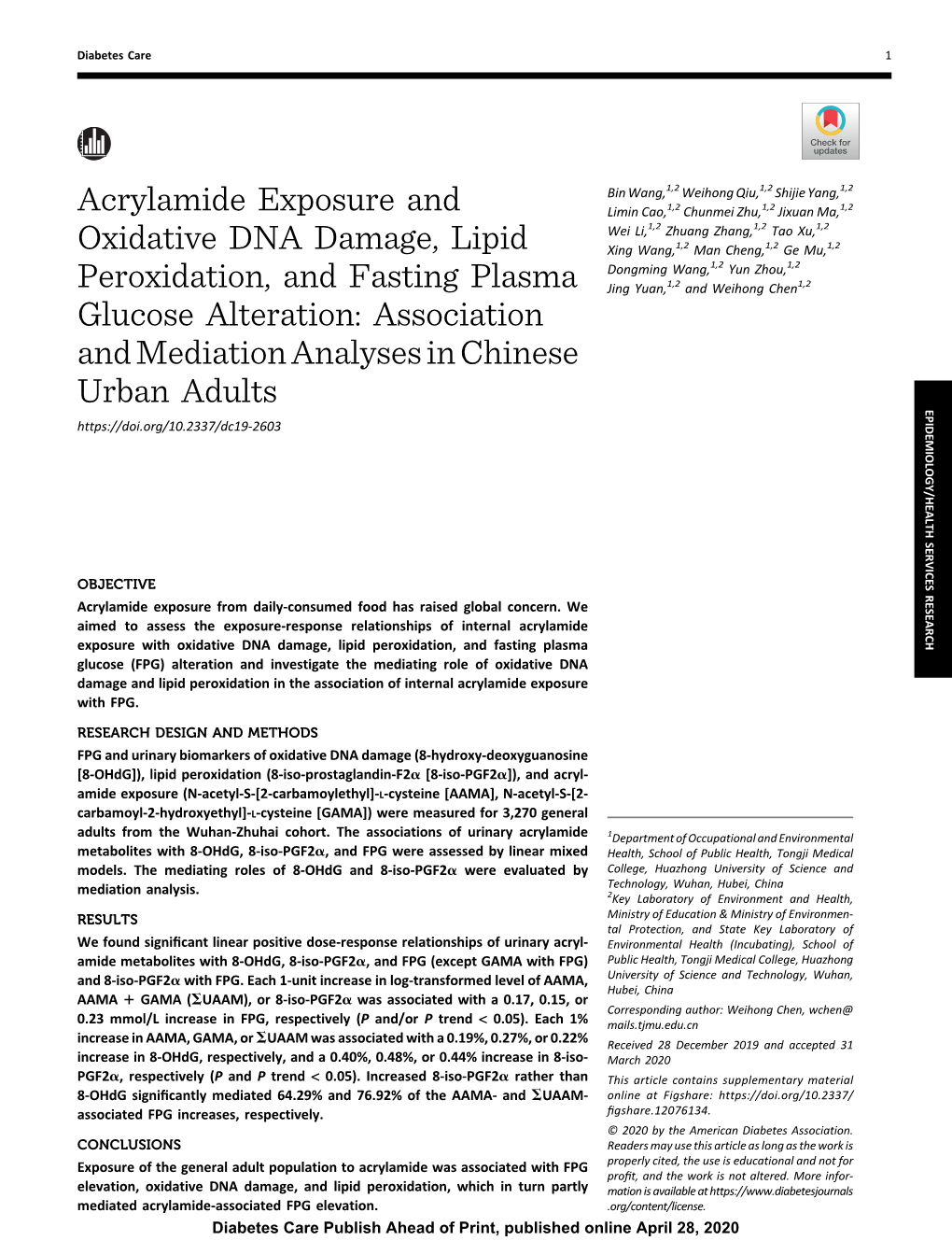 Acrylamide Exposure and Oxidative DNA Damage