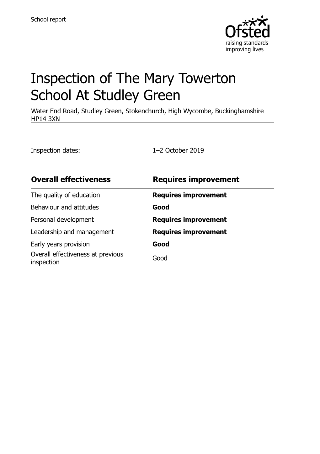 Inspection of the Mary Towerton School at Studley Green Water End Road, Studley Green, Stokenchurch, High Wycombe, Buckinghamshire HP14 3XN