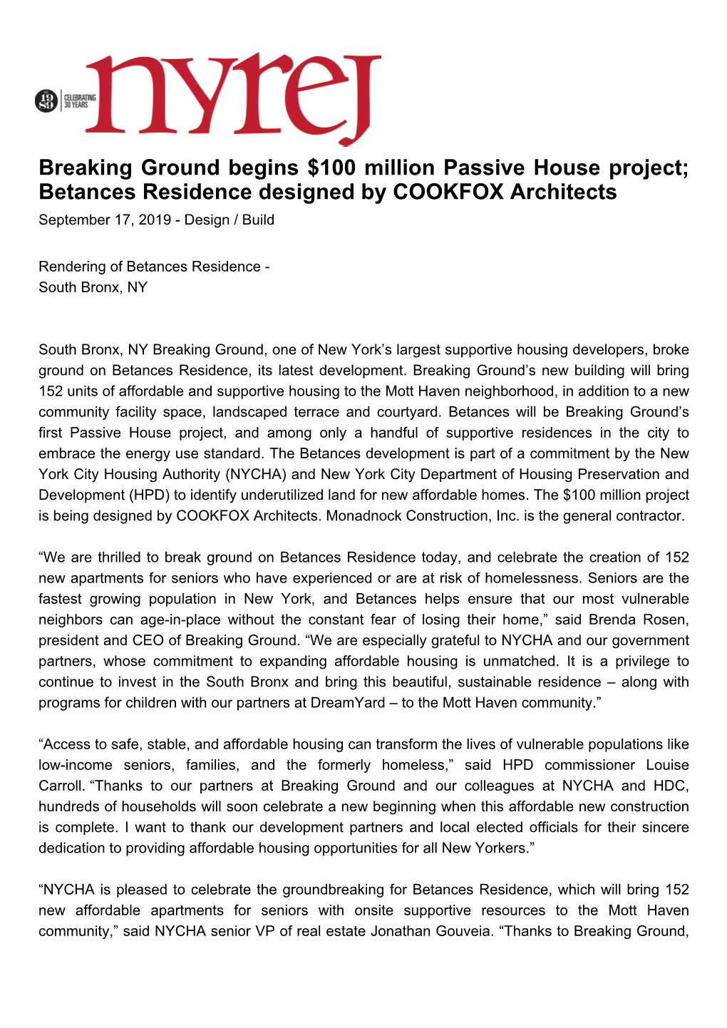Breaking Ground Begins $100 Million Passive House Project; Betances Residence Designed by COOKFOX Architects September 17, 2019 - Design / Build