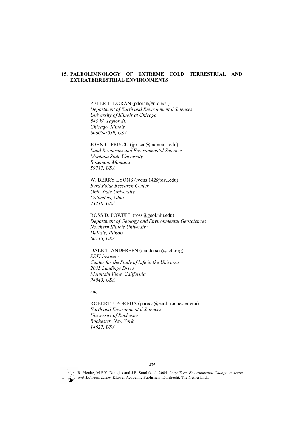 Paleolimnology of Extreme Cold Terrestrial and Extraterrestrial Environments