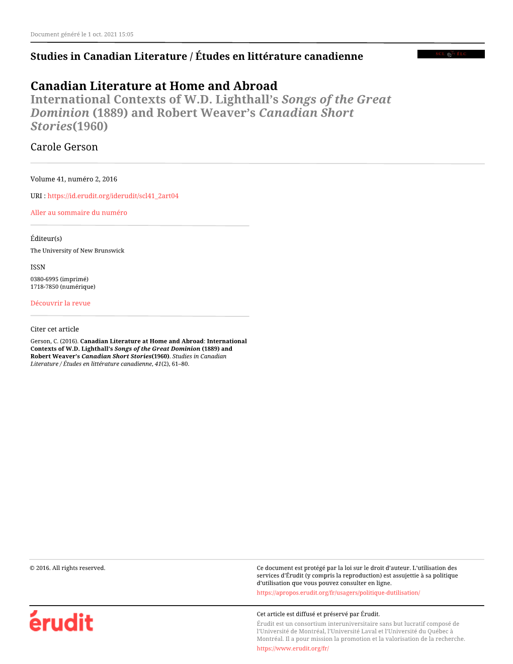 Canadian Literature at Home and Abroad: International Contexts of W.D