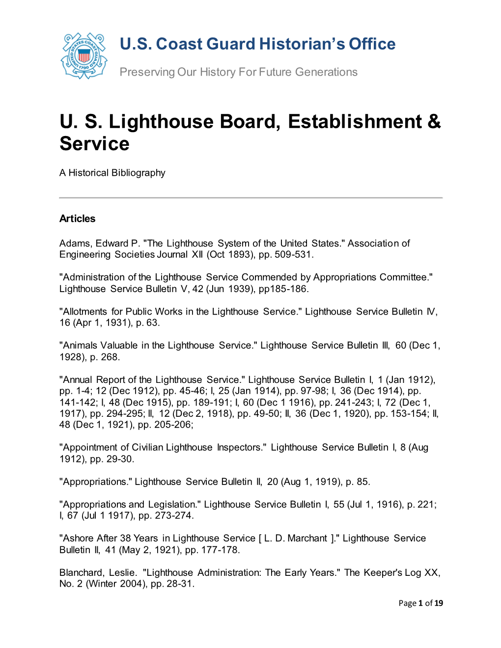 U. S. Lighthouse Board, Establishment & Service