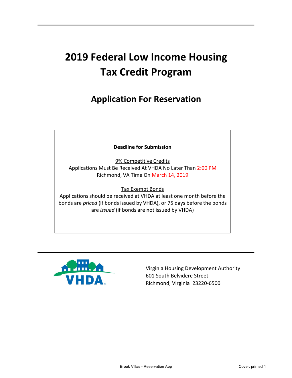 2019 Federal Low Income Housing Tax Credit Program