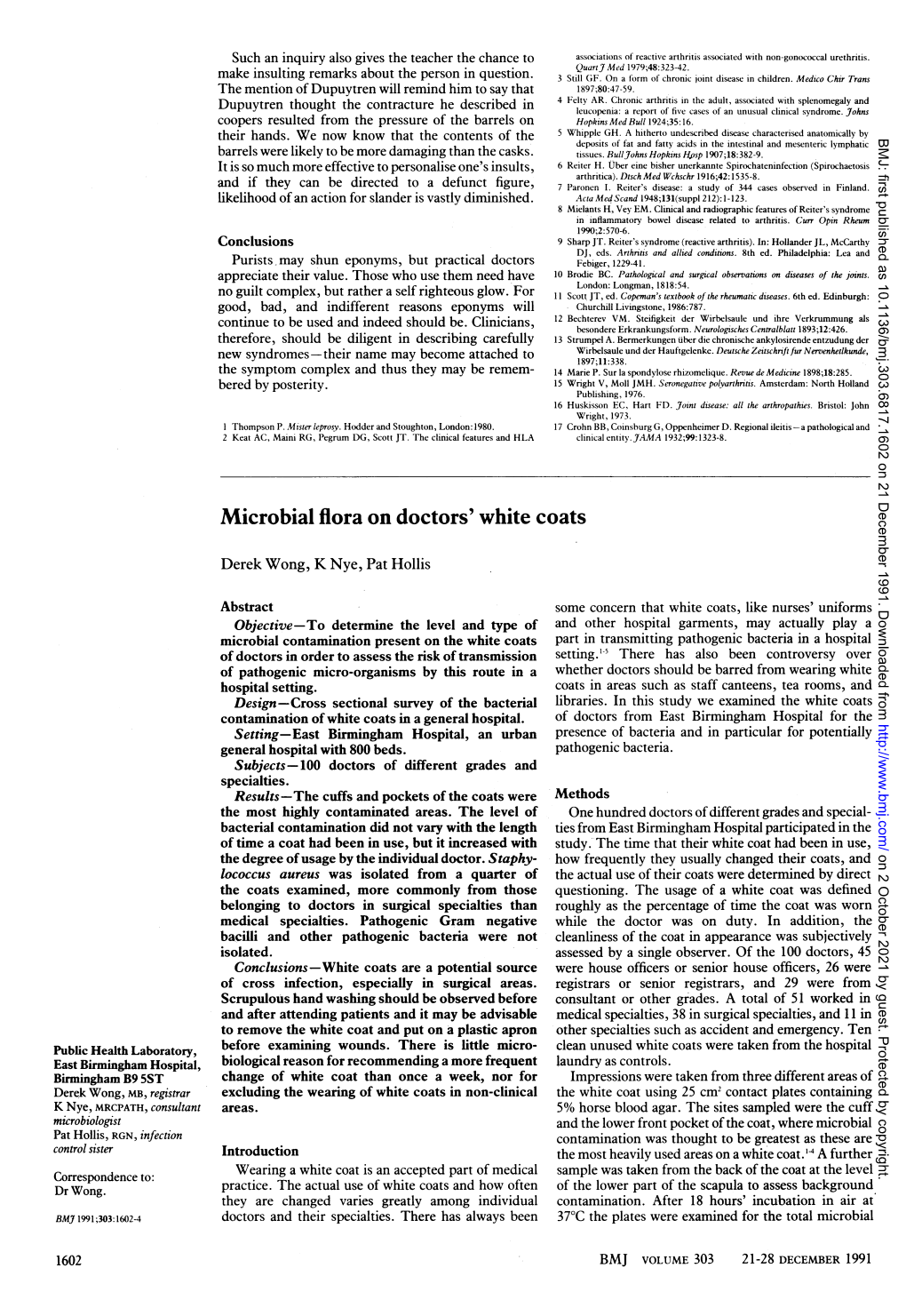 Microbial Flora on Doctors' White Coats