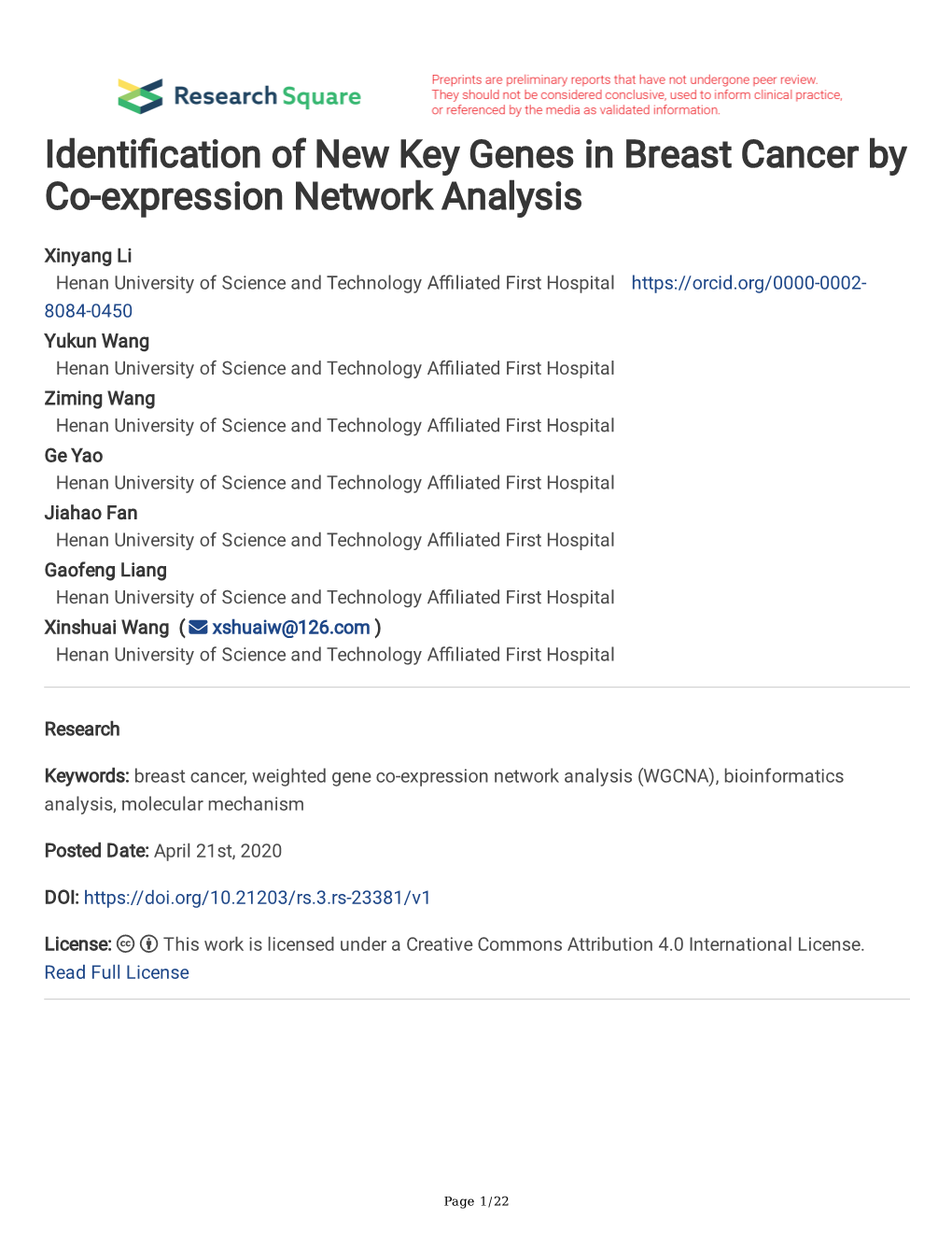 Identi Cation of New Key Genes in Breast Cancer by Co-Expression