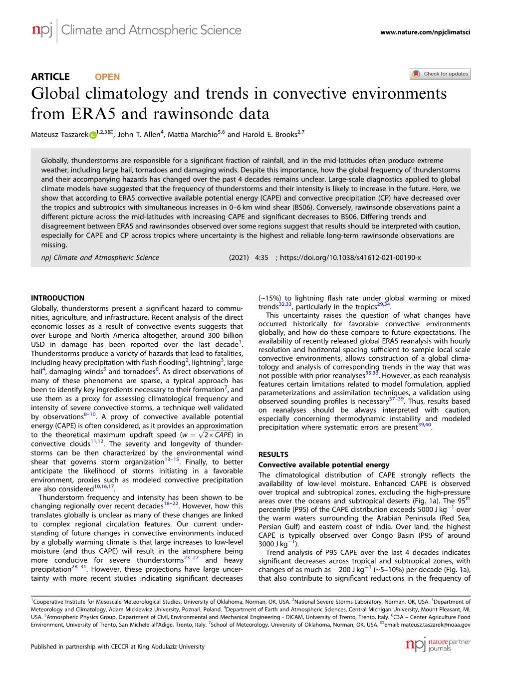 Global Climatology and Trends in Convective Environments from ERA5 and Rawinsonde Data ✉ Mateusz Taszarek 1,2,3 , John T