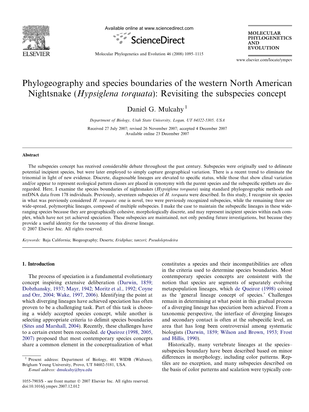 Phylogeography and Species Boundaries of the Western North American Nightsnake (Hypsiglena Torquata): Revisiting the Subspecies Concept