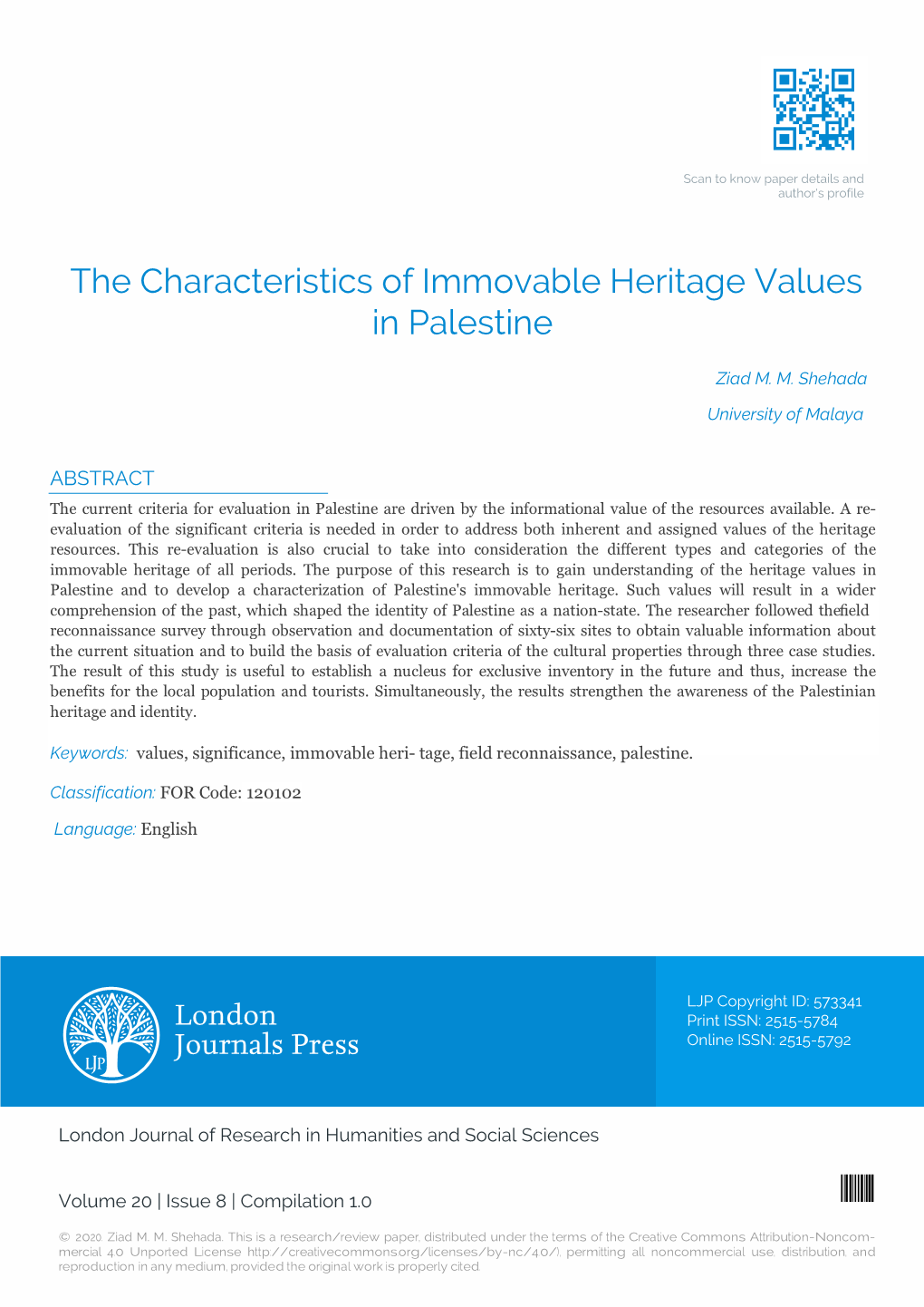 The Characteristics of Immovable Heritage Values in Palestine