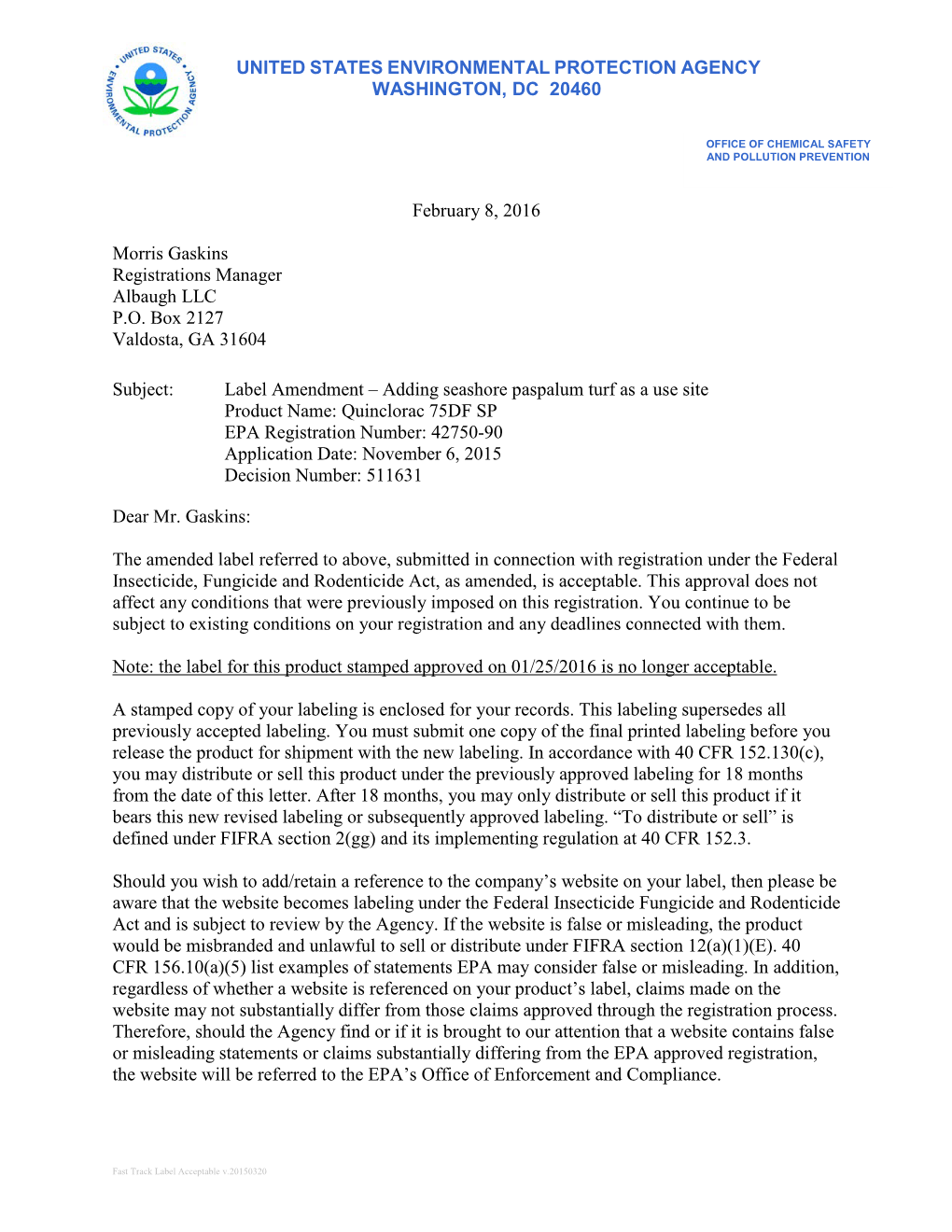 US EPA, Pesticide Product Label, QUINCLORAC 75DF SP,02/08/2016