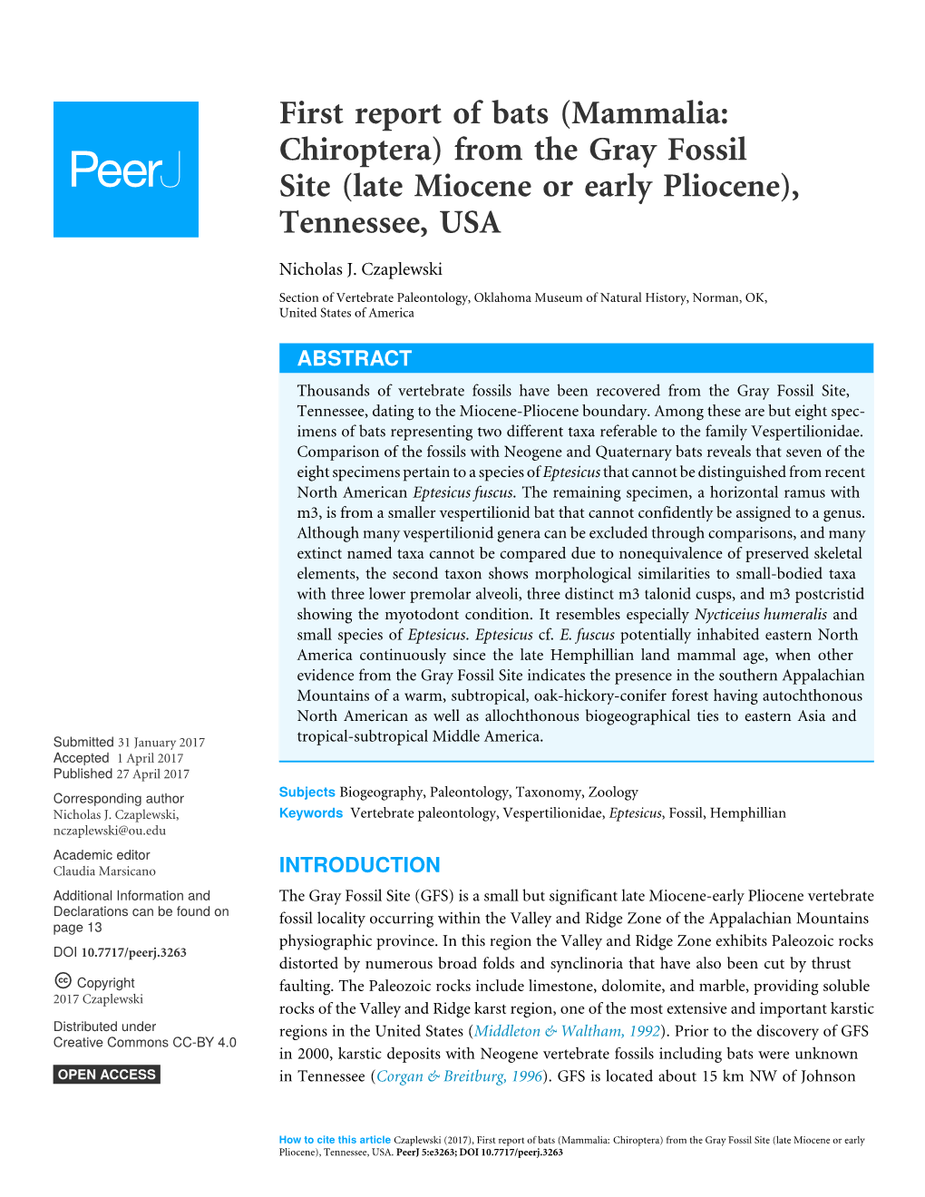 First Report of Bats (Mammalia: Chiroptera) from the Gray Fossil Site (Late Miocene Or Early Pliocene), Tennessee, USA