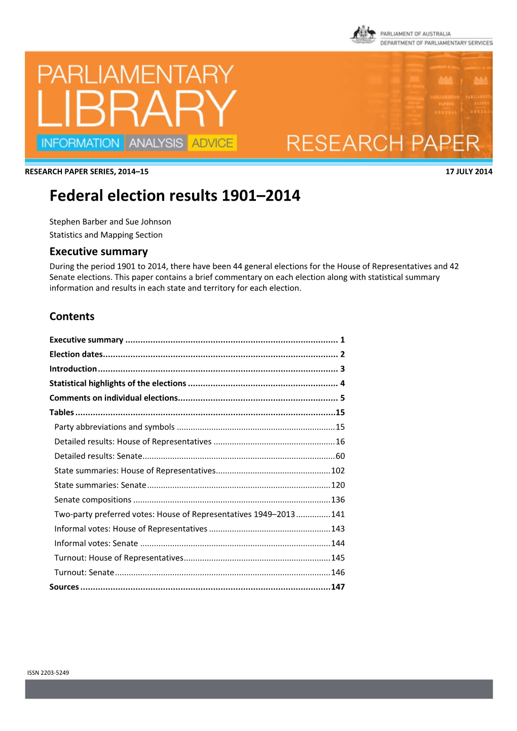 Federal Election Results 1901–2014