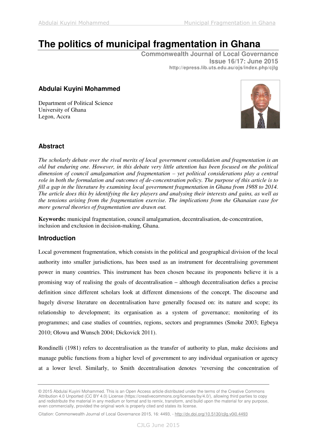 The Politics of Municipal Fragmentation in Ghana Commonwealth Journal of Local Governance Issue 16/17: June 2015