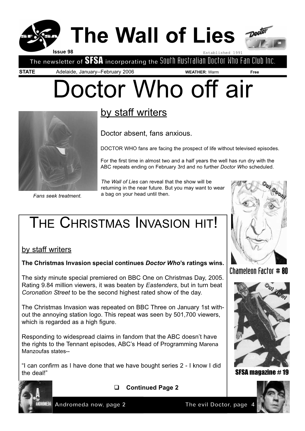 The Wall of Lies Issue 98 Established 1991 the Newsletter of SFSA Incorporating the South Australian Doctor Who Fan Club Inc
