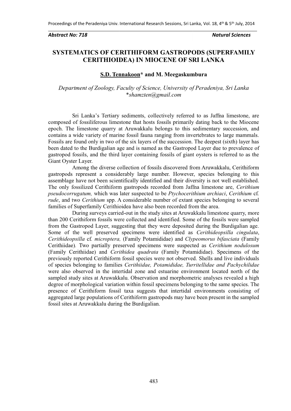 Superfamily Cerithioidea) in Miocene of Sri Lanka