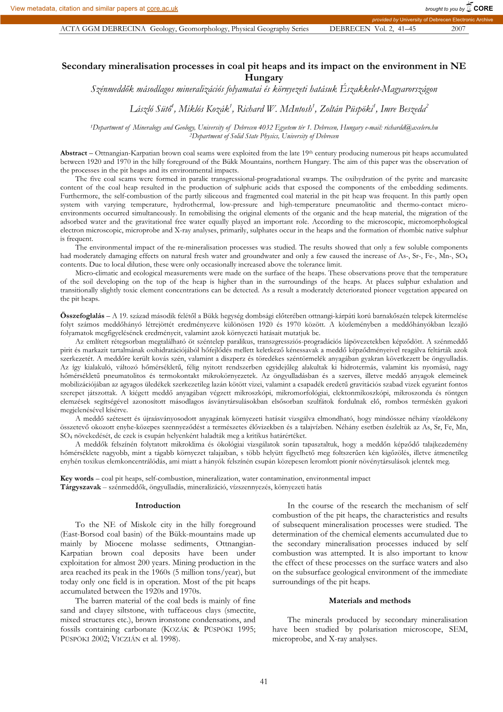 Secondary Mineralisation Processes in Coal Pit Heaps and Its Impact On