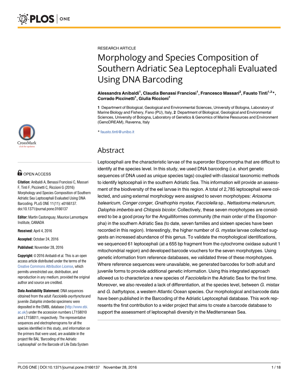 Morphology and Species Composition of Southern Adriatic Sea Leptocephali Evaluated Using DNA Barcoding