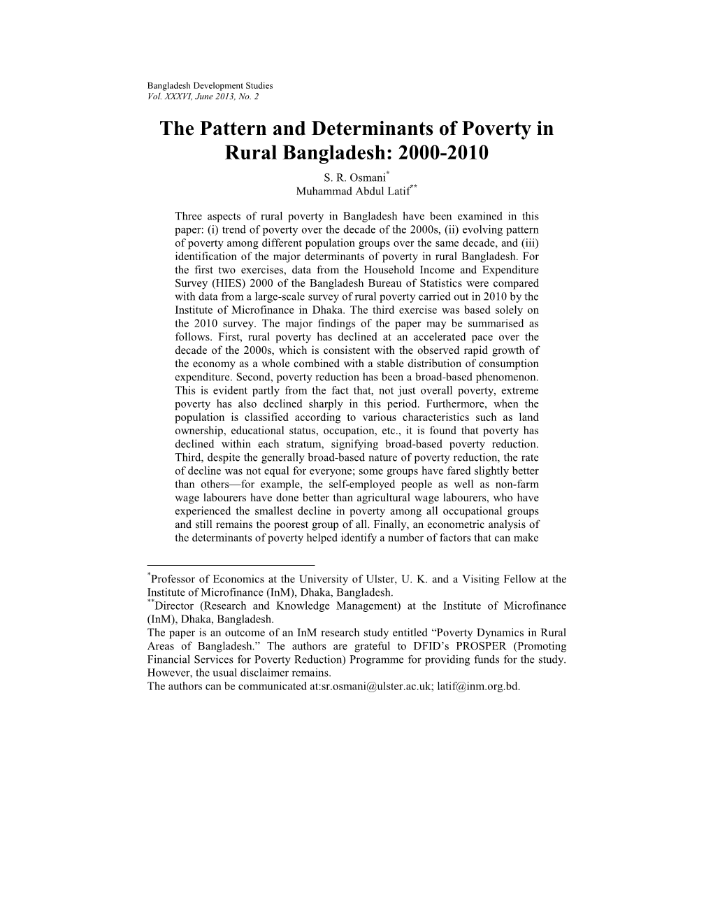 The Pattern and Determinants of Poverty in Rural Bangladesh: 2000-2010 S