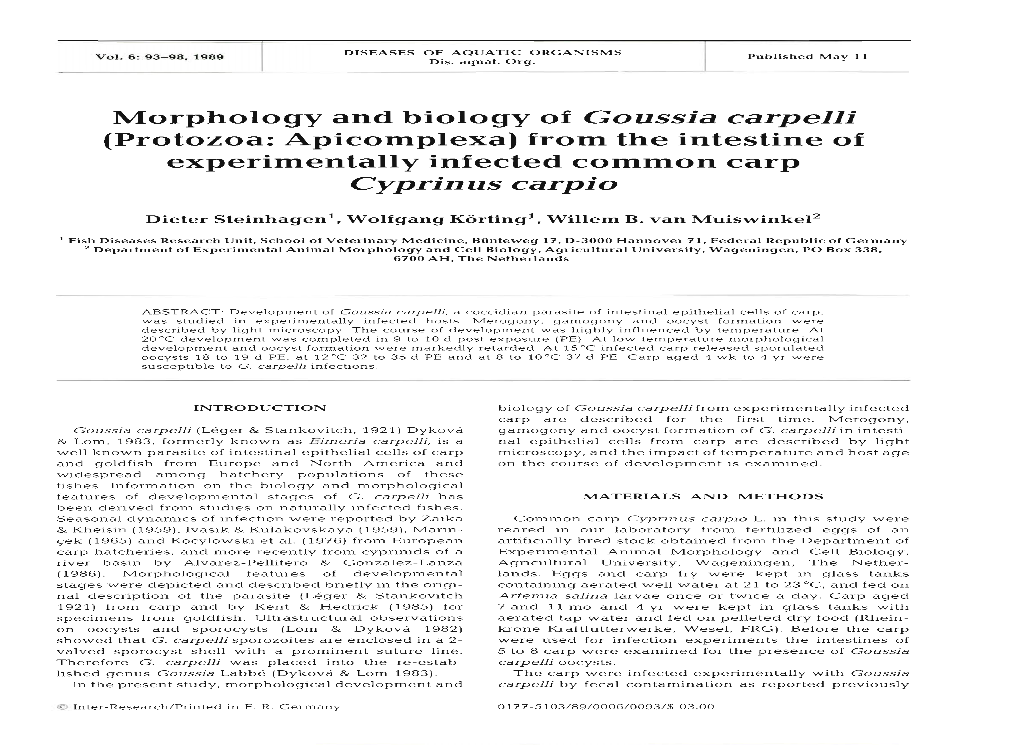 Morphology and Biology of Goussia Carpelli (Protozoa: Apicomplexa) from the Intestine of Experimentally Infected Common Carp Cyprin Us Carpio