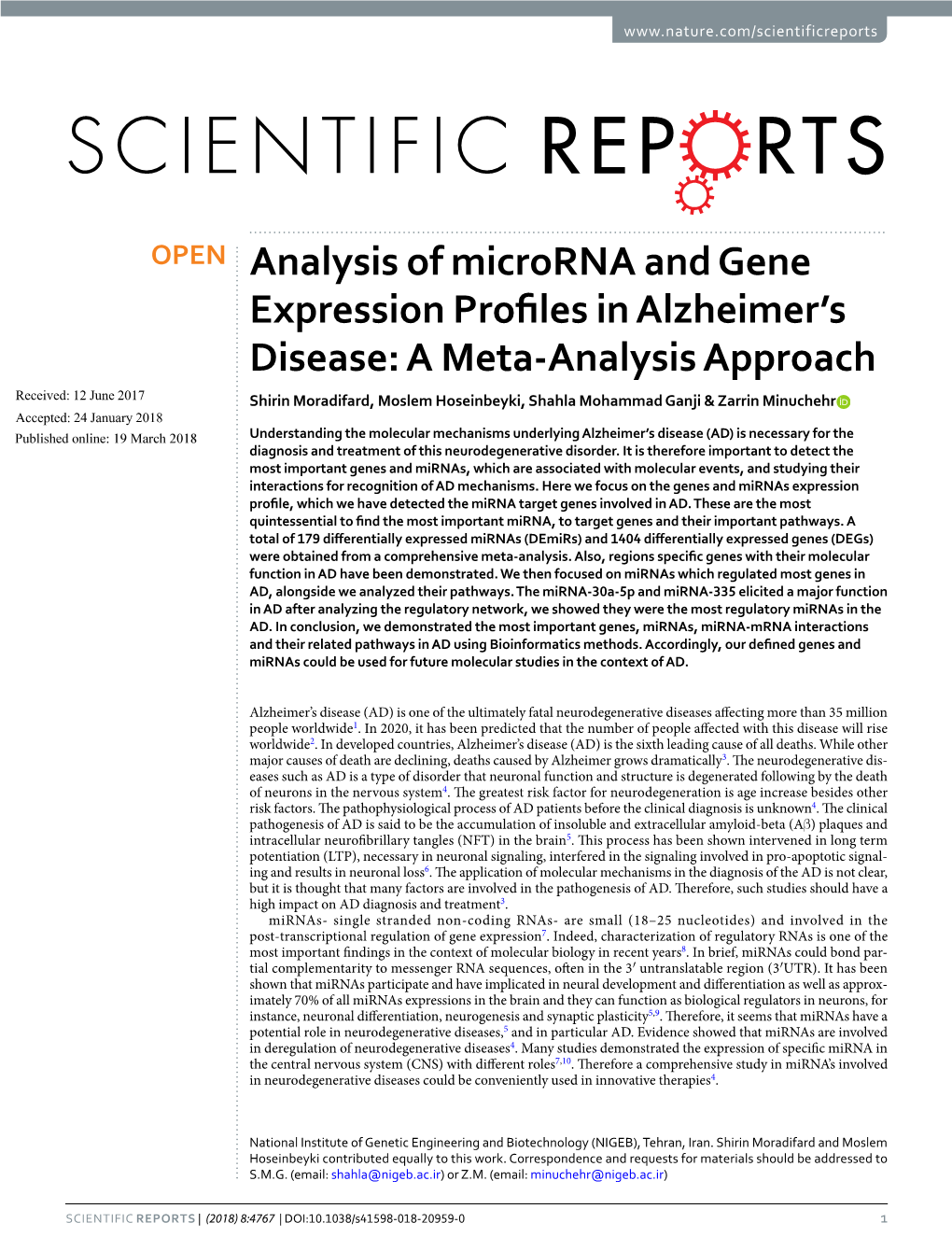 Analysis of Microrna and Gene Expression Profiles in Alzheimer's