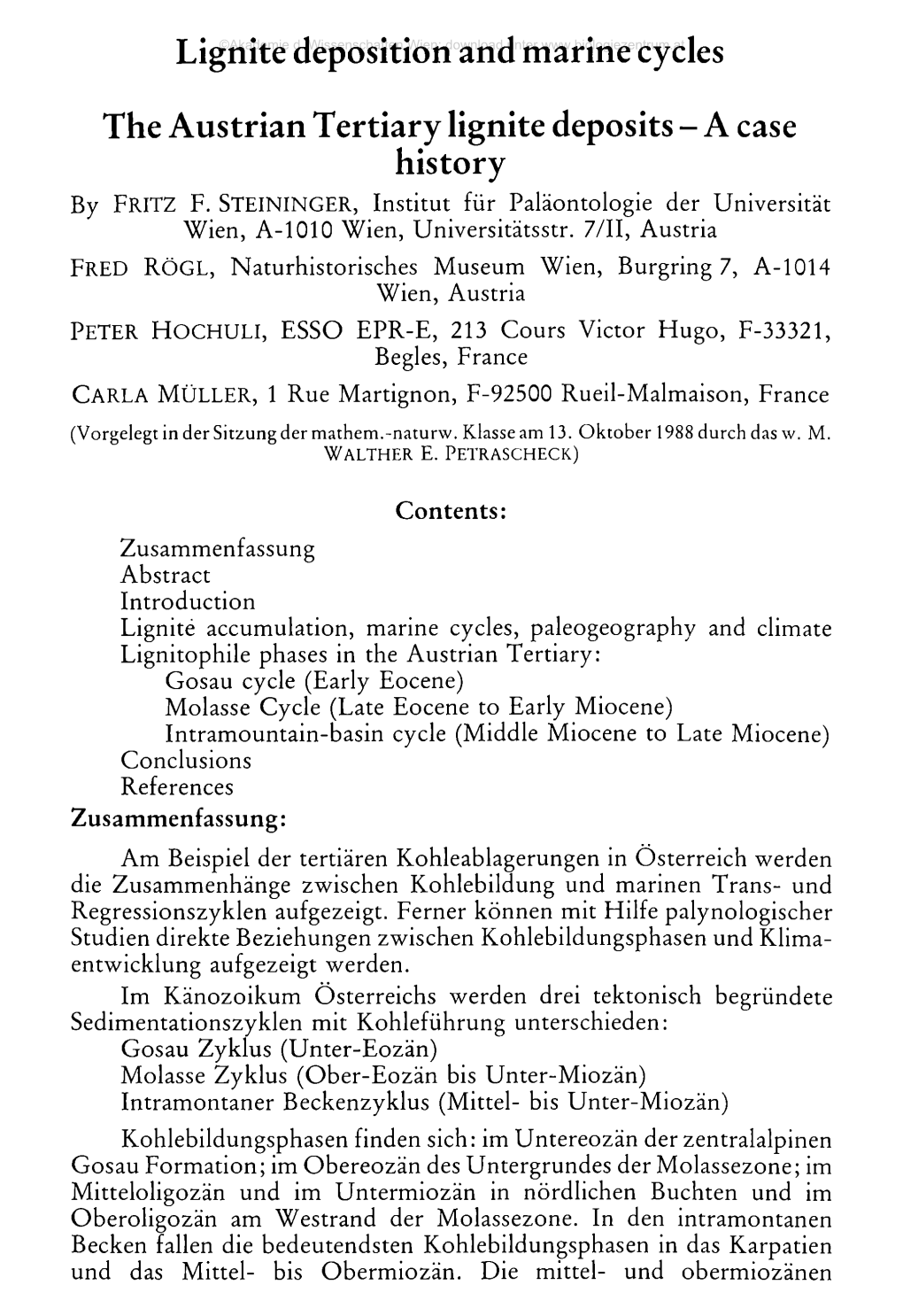 Lignite Deposition and Marine Cycles the Austrian Tertiary Lignite