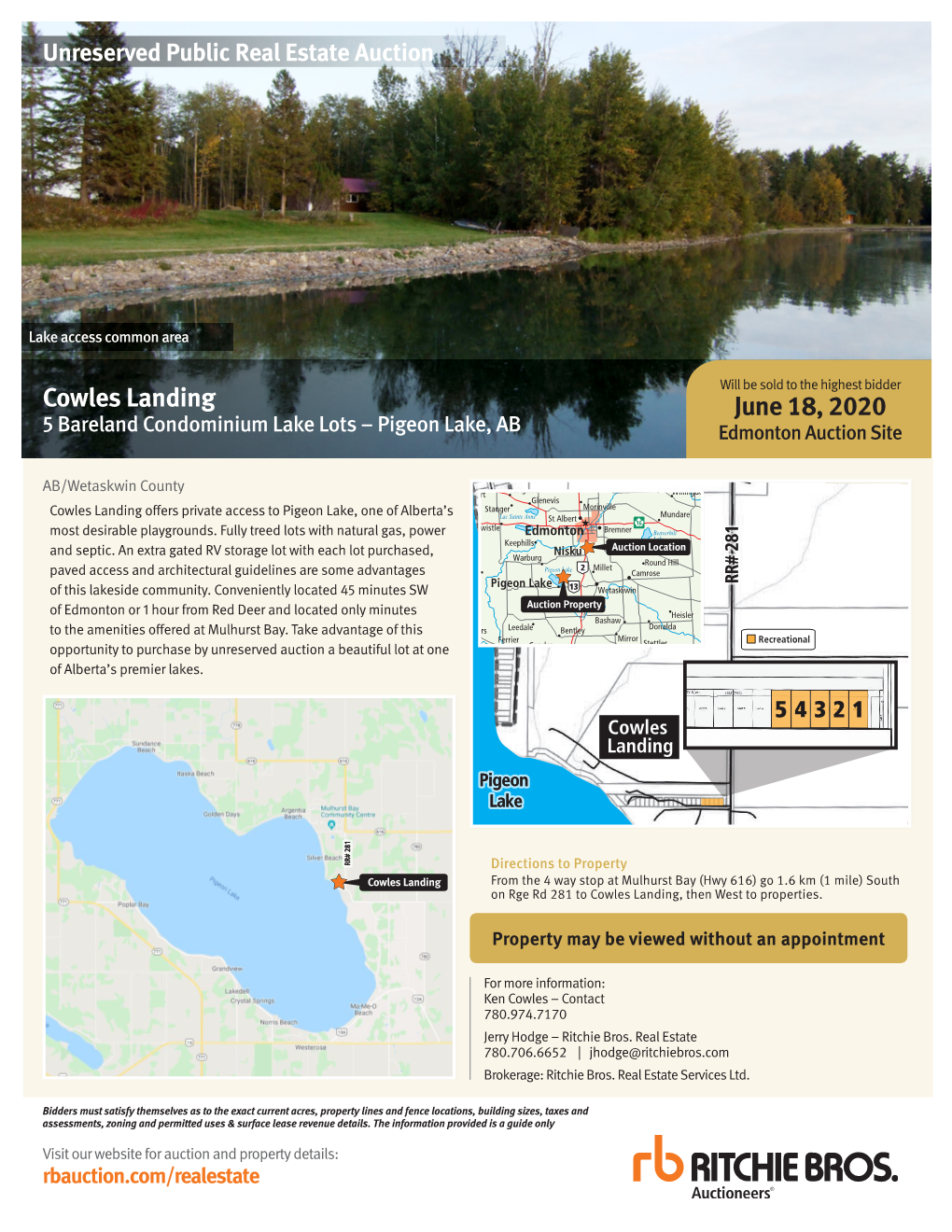 Cowles Landing June 18, 2020 5 Bareland Condominium Lake Lots – Pigeon Lake, AB Edmonton Auction Site
