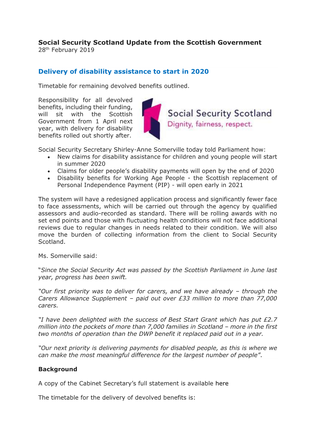 Social Security Scotland Update from the Scottish Government Delivery Of