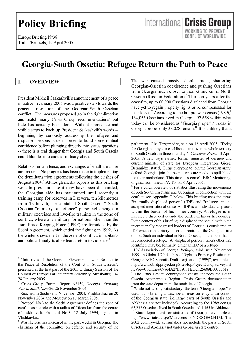 Georgia-South Ossetia: Refugee Return the Path to Peace