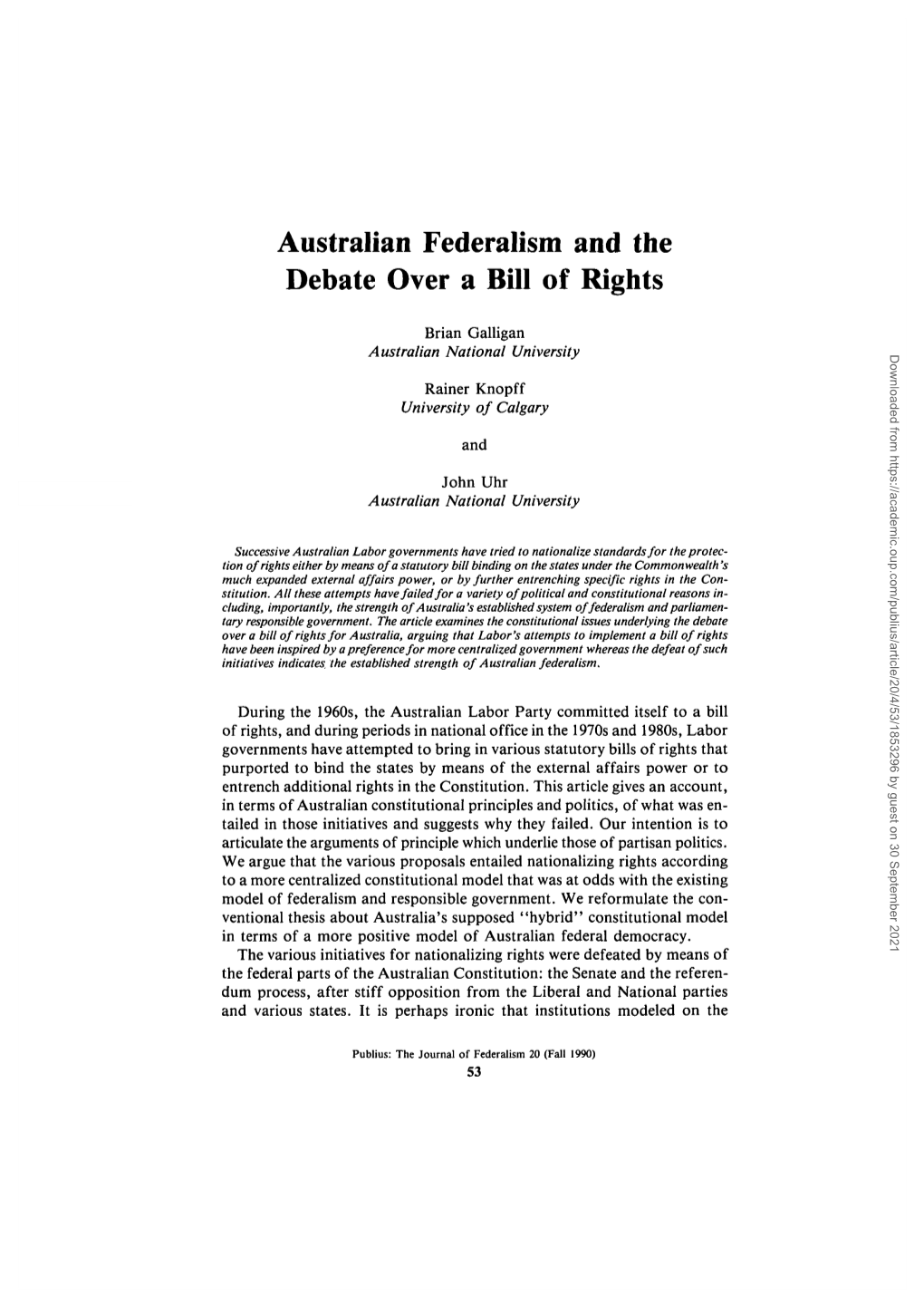 Australian Federalism and the Debate Over a Bill of Rights