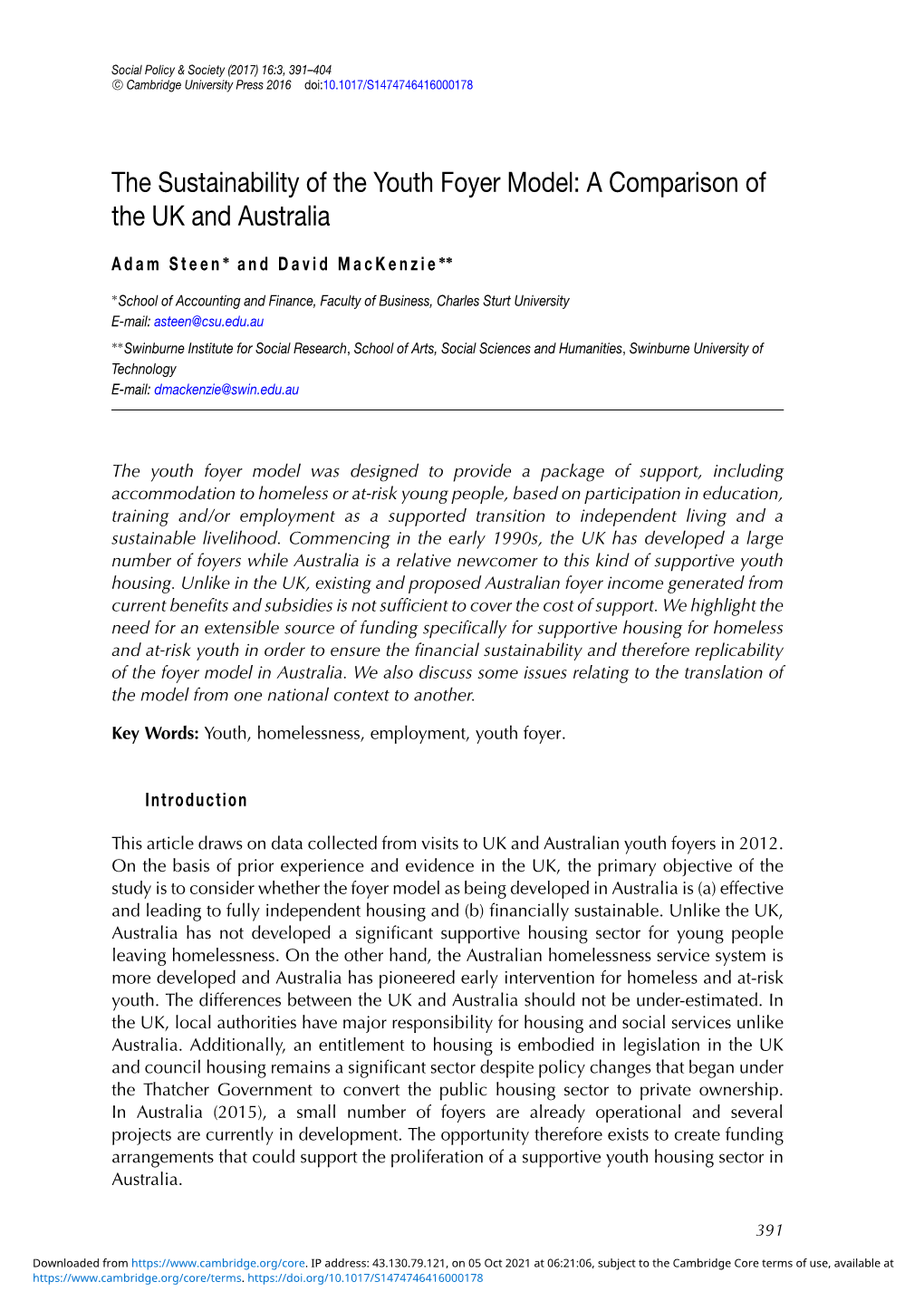 The Sustainability of the Youth Foyer Model: a Comparison of the UK and Australia