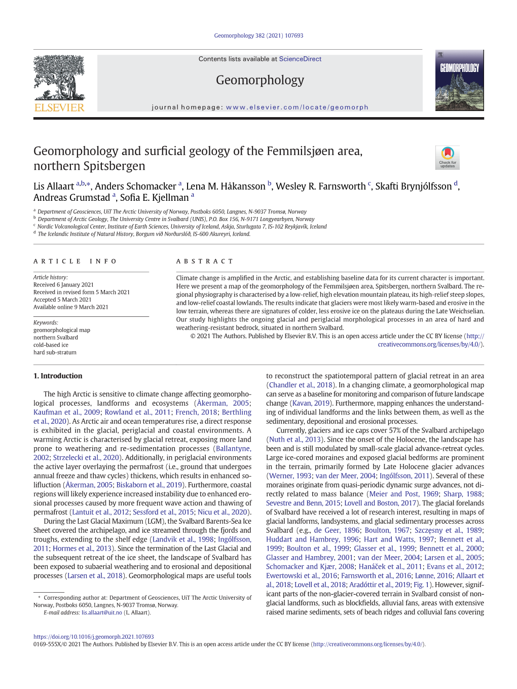 Geomorphology and Surficial Geology of the Femmilsjøen Area, Northern Spitsbergen